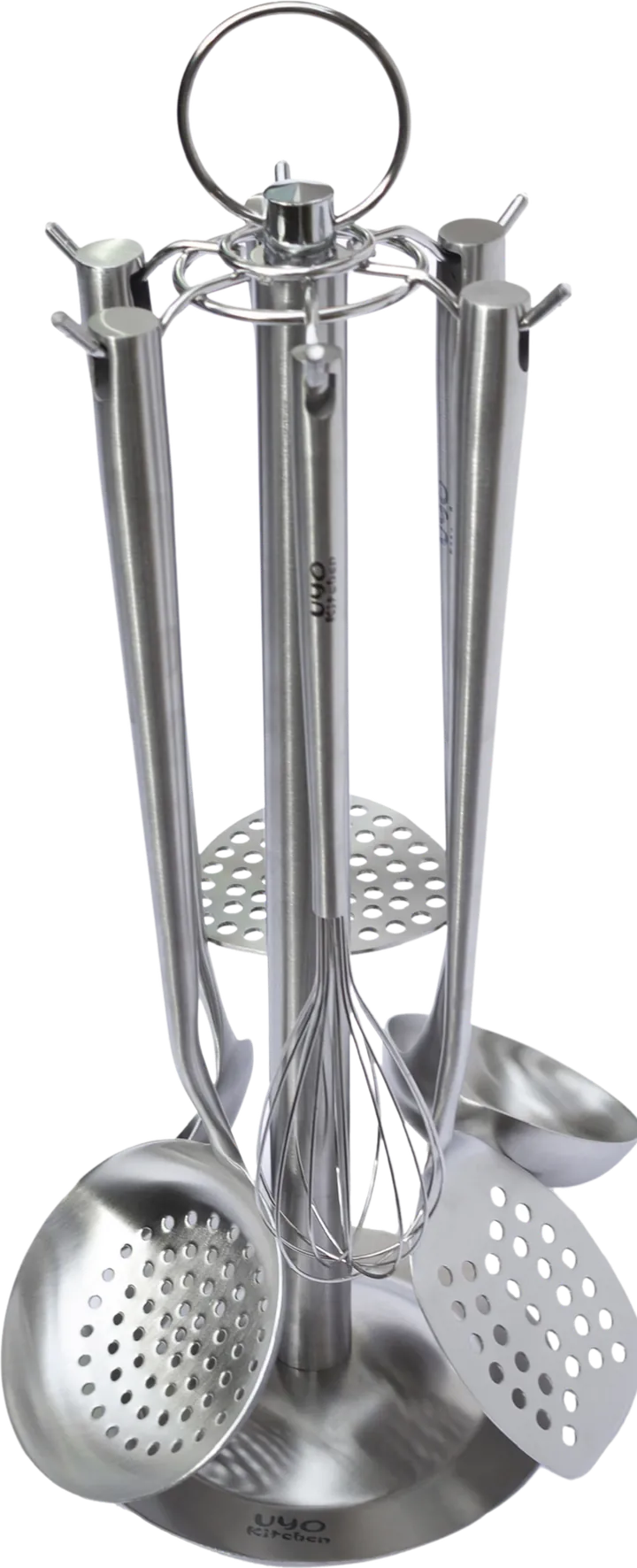 Seis utensilios de acero colgados en su soporte