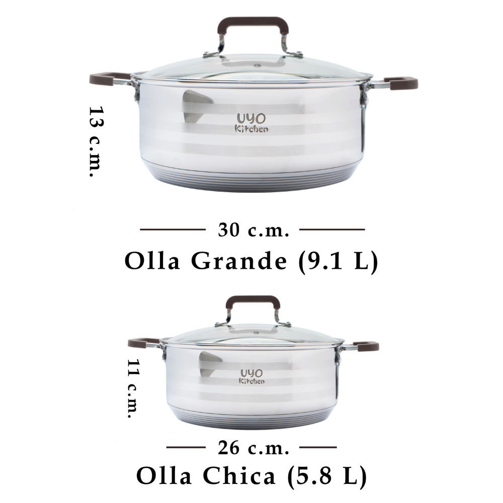 Set 2 Ollas Acero Inoxidable con Tapas de Vidrio + Espátula