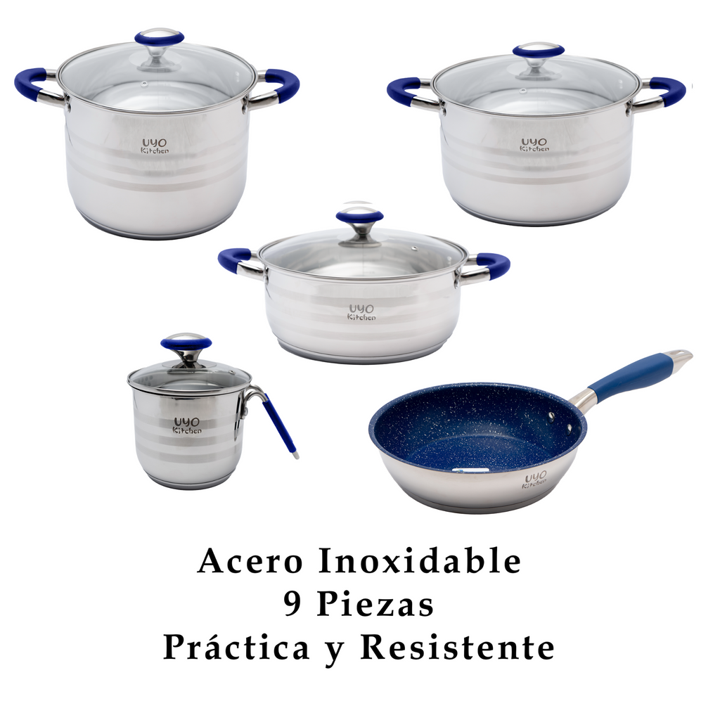 Batería de Cocina 9 Piezas de Acero Inoxidable con Tapas de Vidrio Templado UYO-9 - Azul