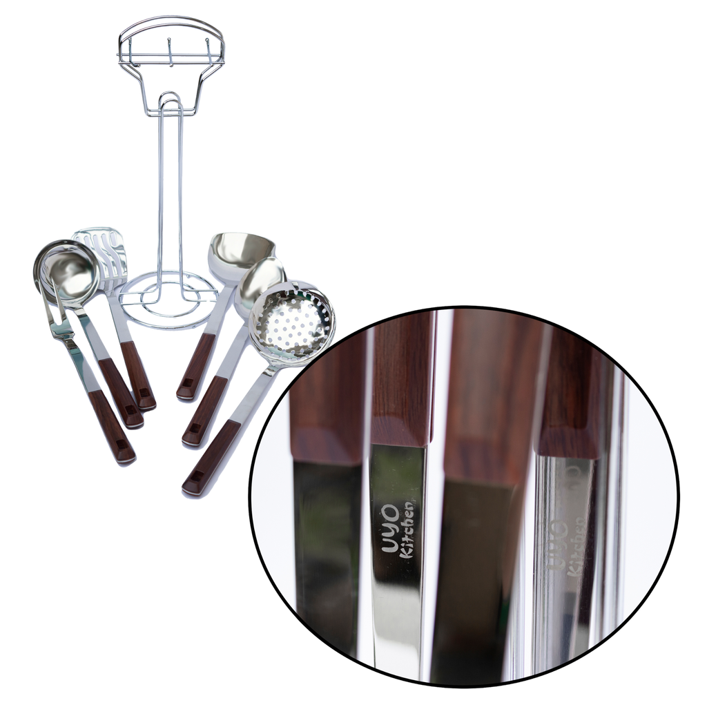 Juego de 7 Utensilios de Acero Inoxidable con Mango de Plástico y Soporte UYO-714