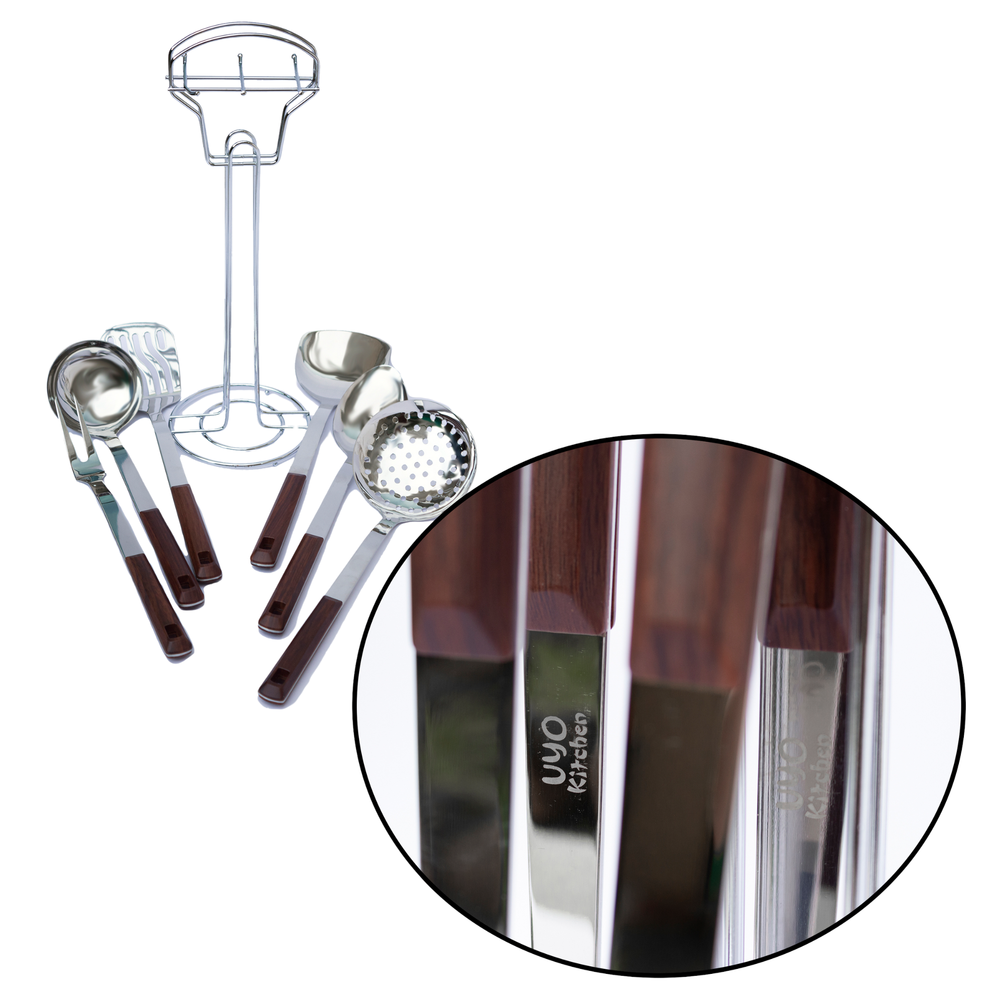 Juego de 7 Utensilios de Acero Inoxidable con Mango de Plástico y Soporte UYO-714