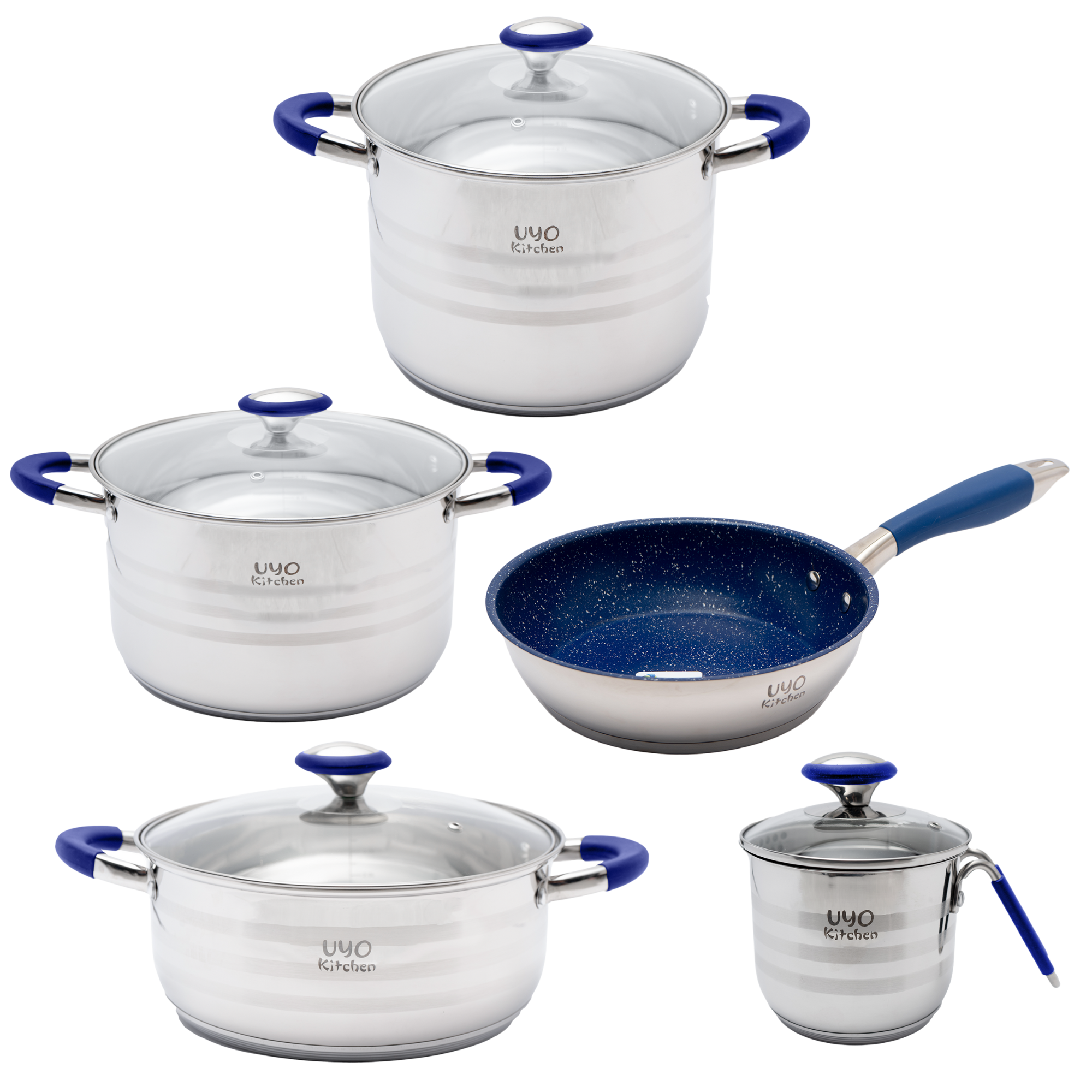Batería de Cocina 9 Piezas de Acero Inoxidable con Tapas de Vidrio Templado UYO-9 - Azul