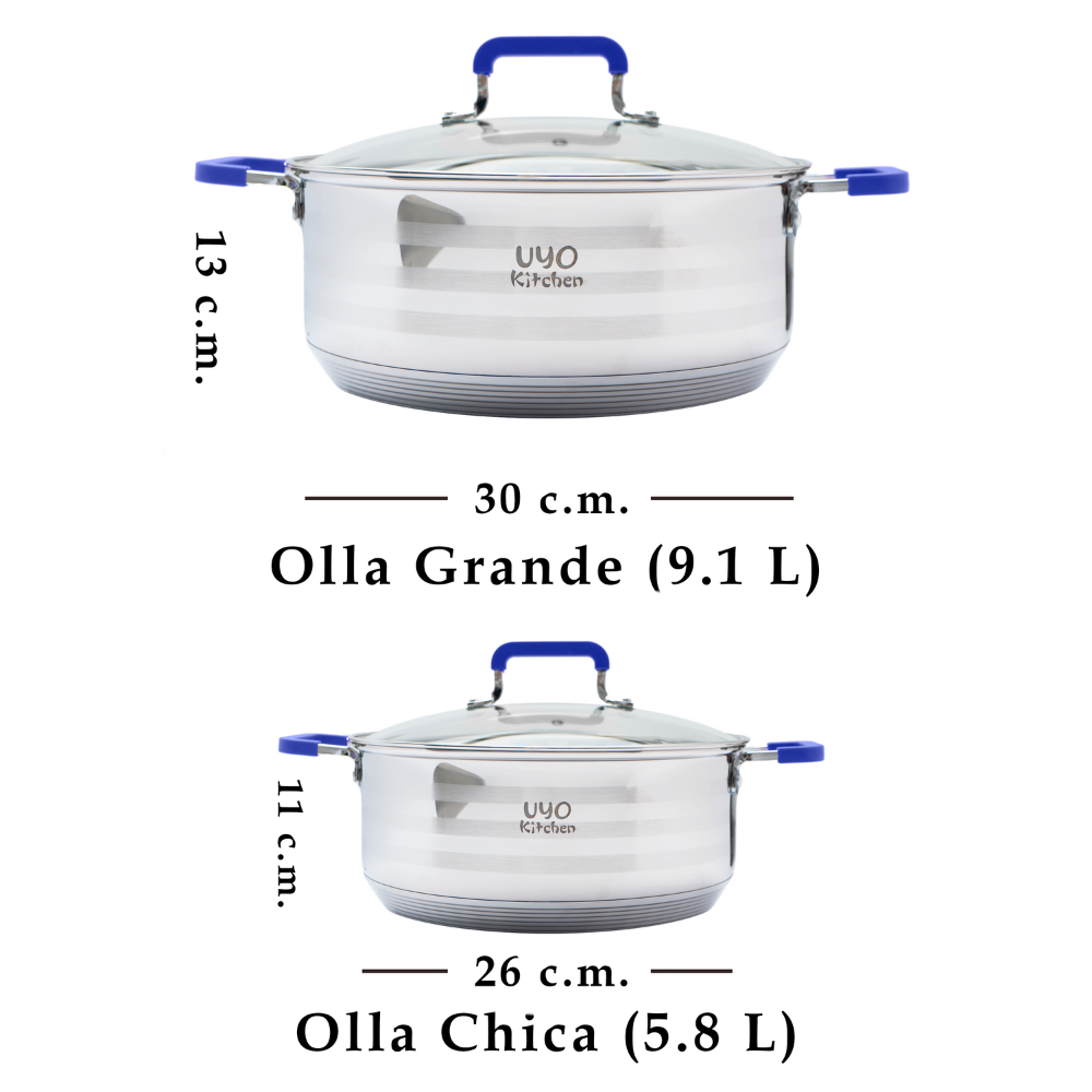 Set 2 Ollas Acero Inoxidable con Tapas de Vidrio + Espátula