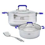 Set de 2 ollas de acero inoxidable con espátula Mangos de silicón anticalor Apta para todo tipo de estufa UYO-221 - Azul