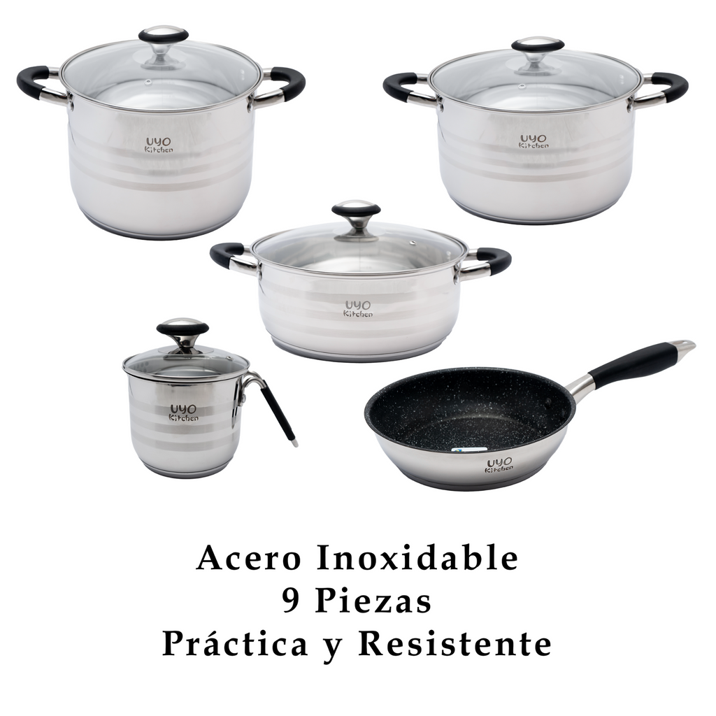 Batería de Cocina 9 Piezas de Acero Inoxidable con Tapas de Vidrio Templado UYO-9 - Negro