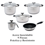 Batería de Cocina 9 Piezas de Acero Inoxidable con Tapas de Vidrio Templado UYO-9 - Negro