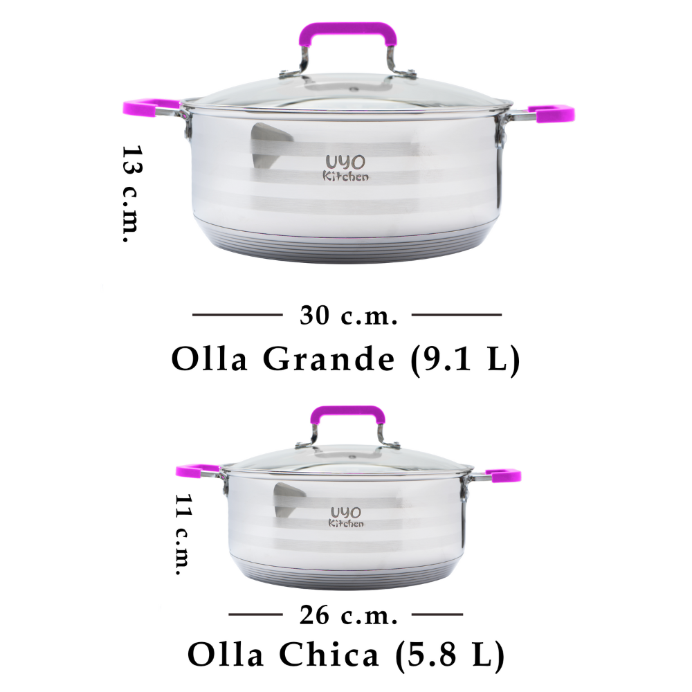 Set 2 Ollas Acero Inoxidable con Tapas de Vidrio + Espátula