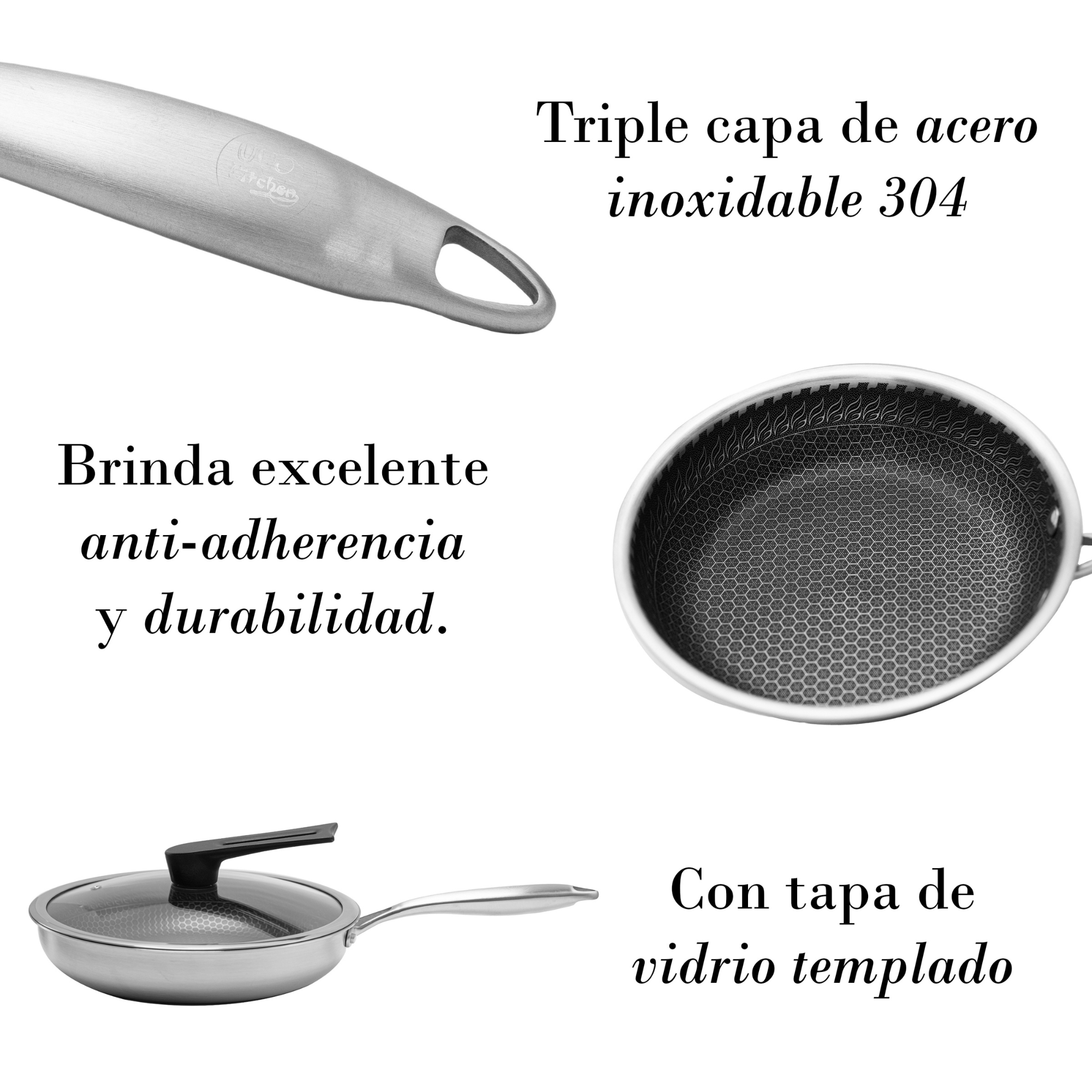 Sartén 28 cm Triple Capa de Acero Inoxidable 304 Antiadherente UYO-S28