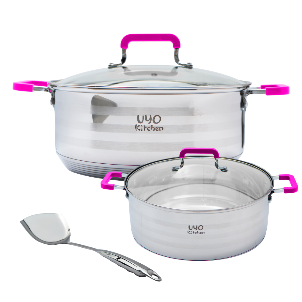 Set de 2 ollas de acero inoxidable con espátula Mangos de silicón anticalor Apta para todo tipo de estufa UYO-221 - Rosa