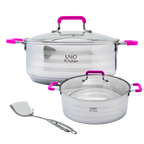 Set de 2 ollas de acero inoxidable con espátula Mangos de silicón anticalor Apta para todo tipo de estufa UYO-221 - Rosa