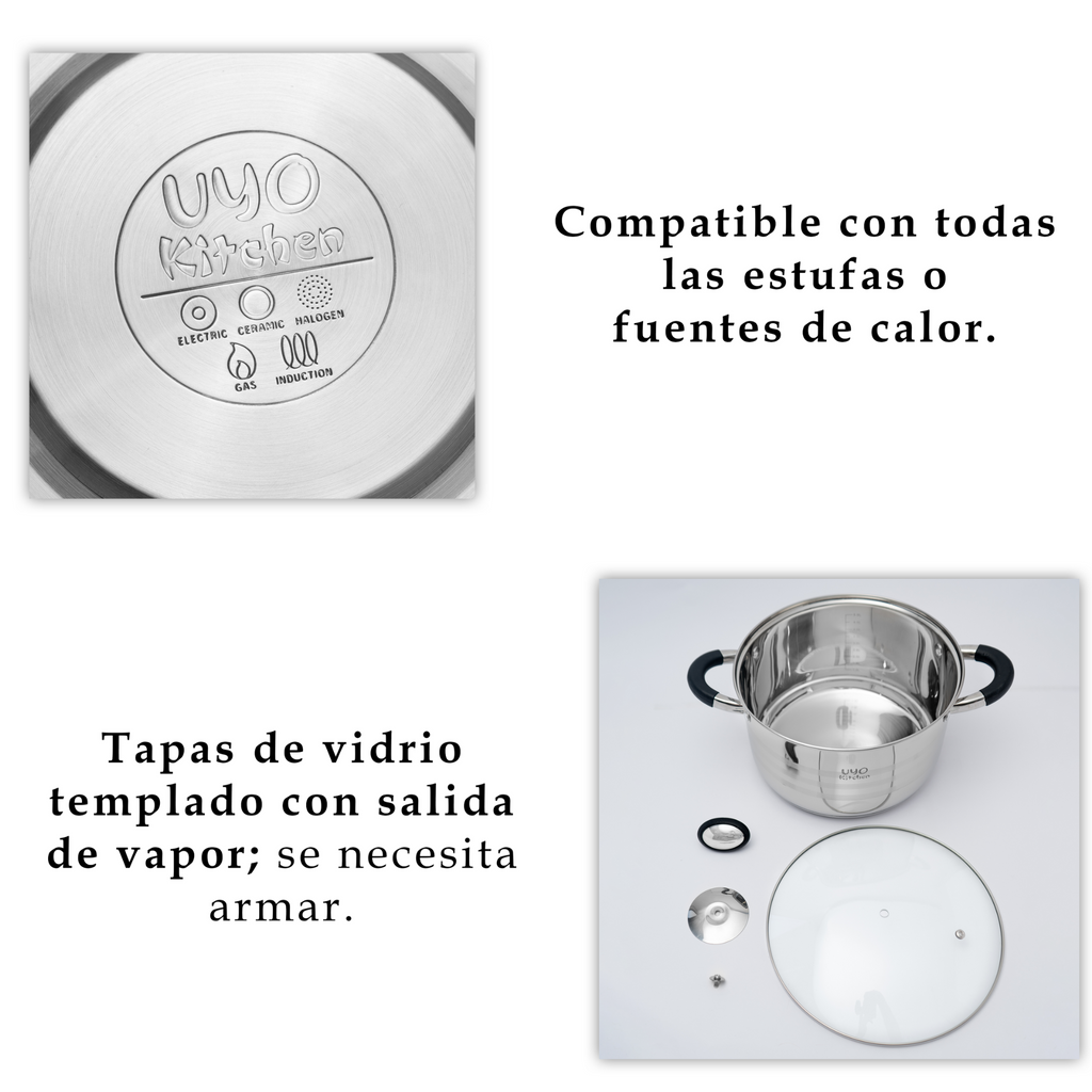 Batería de Cocina 9 Piezas de Acero Inoxidable con Tapas de Vidrio Templado UYO-9 - Negro