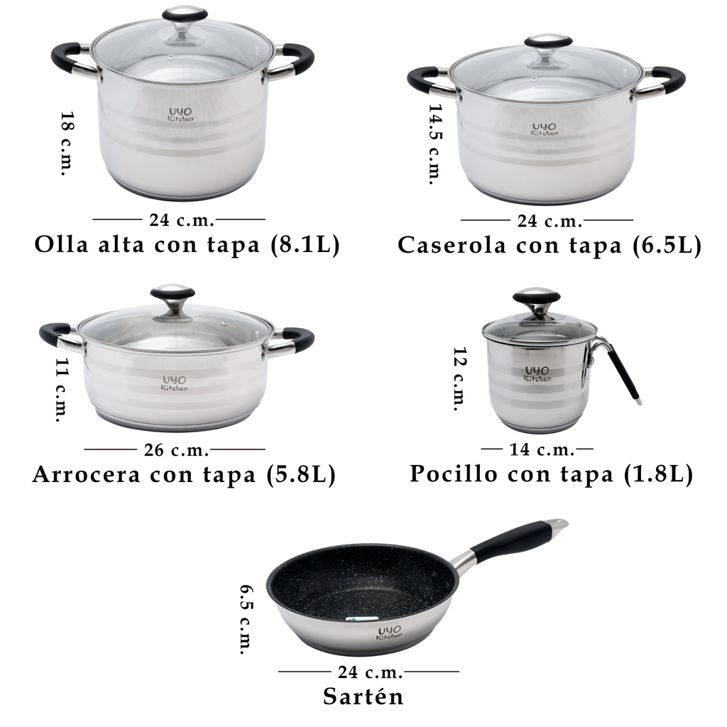 Batería de Cocina 9 Piezas de Acero Inoxidable con Tapas de Vidrio Templado UYO-9 - Negro