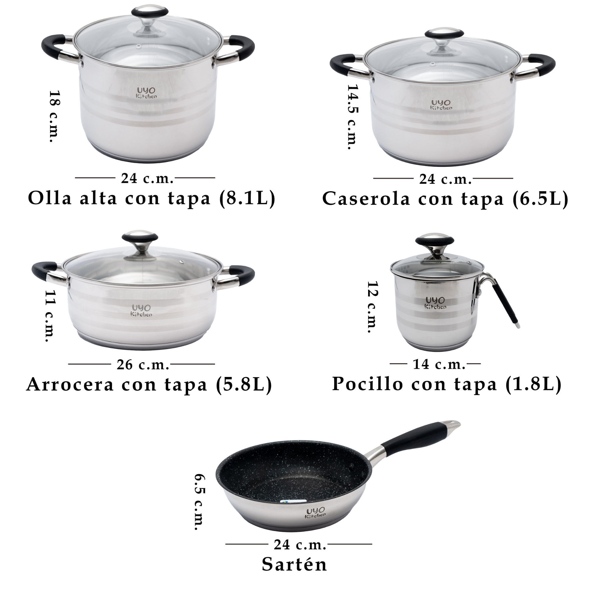 Batería de Cocina 9 Piezas de Acero Inoxidable con Tapas de Vidrio Templado UYO-9 - Negro