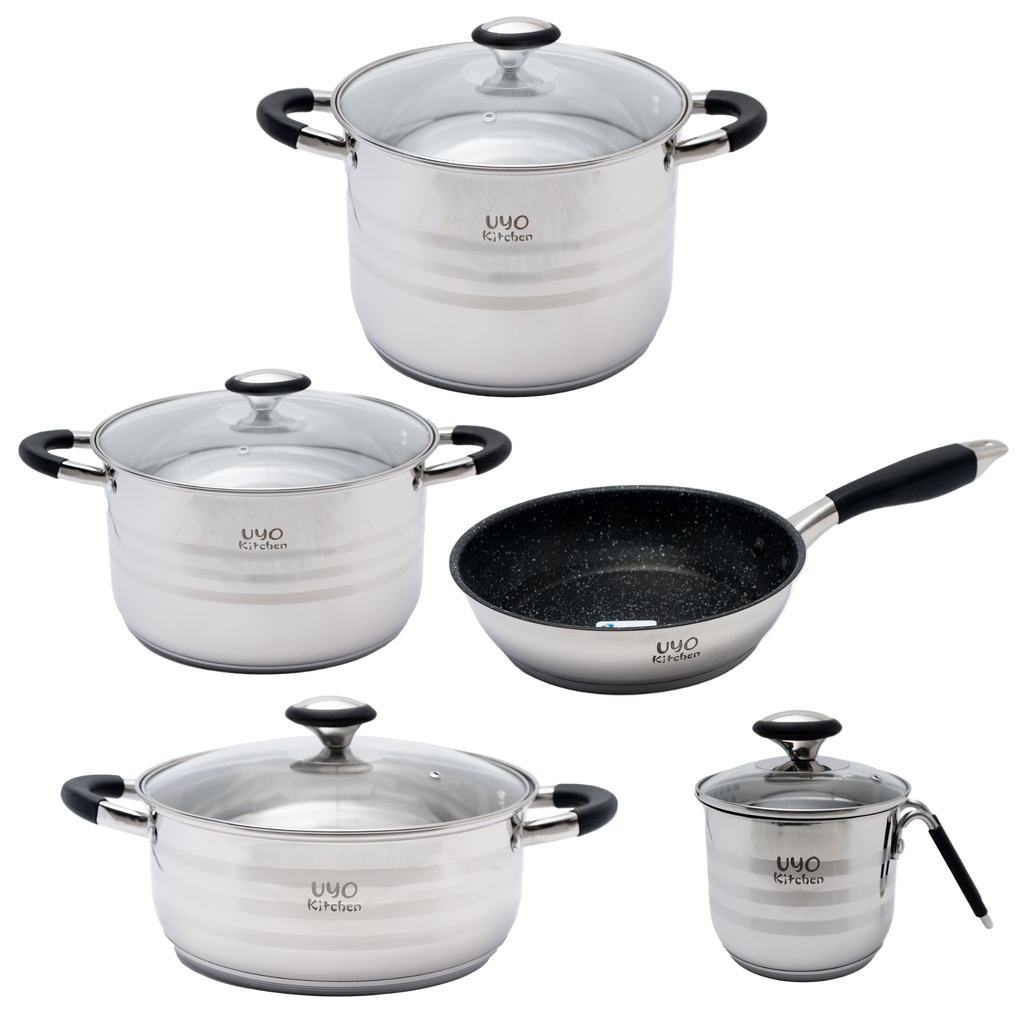Batería de Cocina 9 Piezas de Acero Inoxidable con Tapas de Vidrio Templado UYO-9 - Negro
