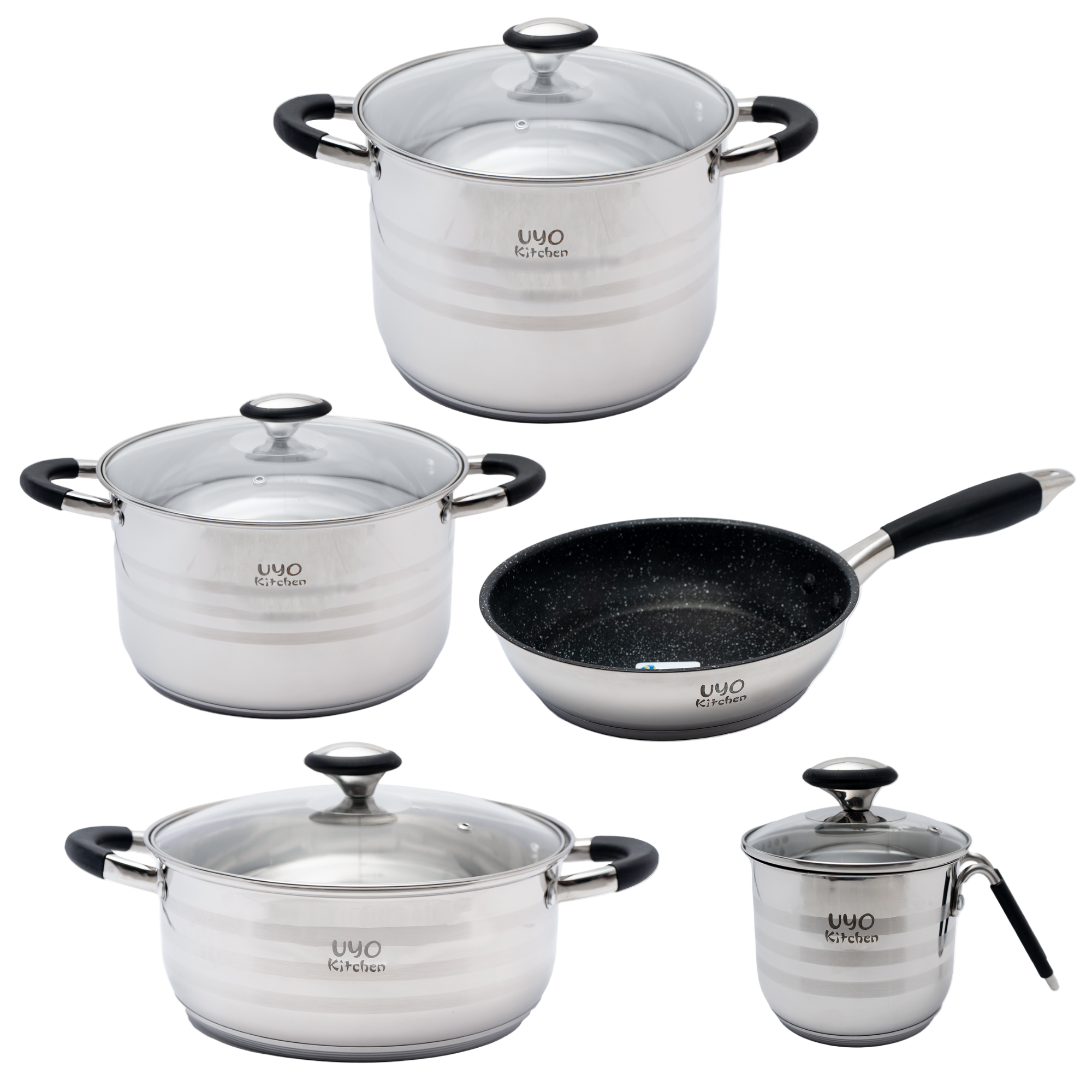 Batería de Cocina 9 Piezas de Acero Inoxidable con Tapas de Vidrio Templado UYO-9 - Negro