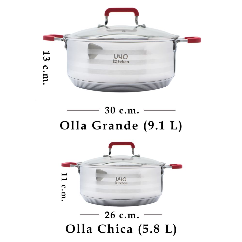 Set 2 Ollas Acero Inoxidable con Tapas de Vidrio + Espátula