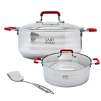 Set de 2 ollas de acero inoxidable con espátula Mangos de silicón anticalor Apta para todo tipo de estufa UYO-221 - Rojo