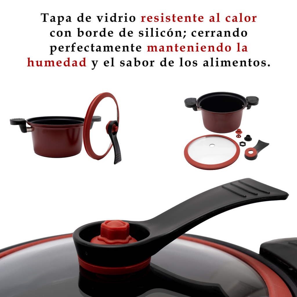 Olla de Micropresión de Hierro 5.4 L con Tapa de Vidrio y Silicón UYO-MP - Rojo