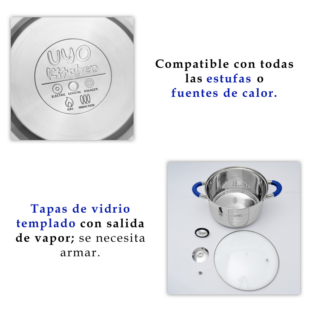 Batería de Cocina 9 Piezas de Acero Inoxidable con Tapas de Vidrio Templado UYO-9 - Azul