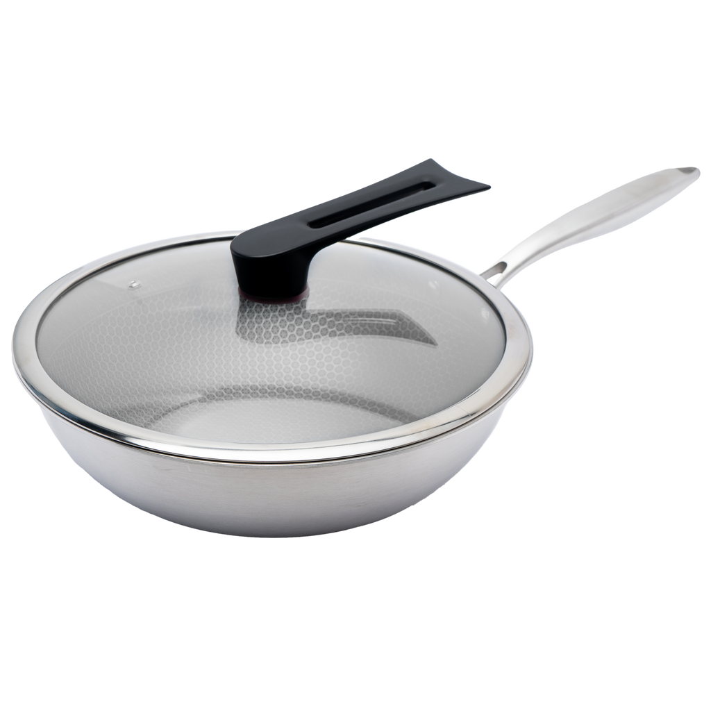 Wok 32 cm de Acero Inoxidable con Tapa y Triple Antiadherente UYO-WOK