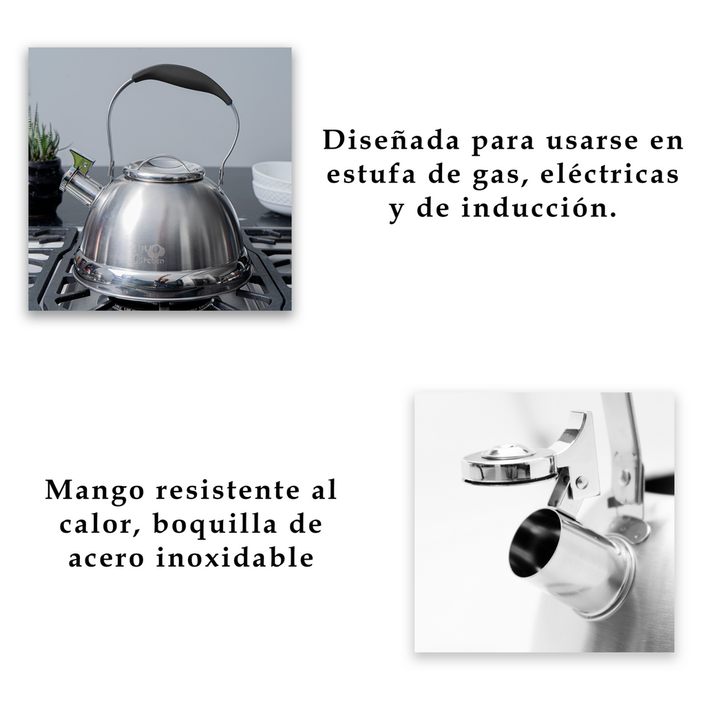 Tetera de Acero Inoxidable 3L con Mango de Silicón Anticalor Apta para Gas, Eléctrica e Inducción UYO-TET-CS - Negro