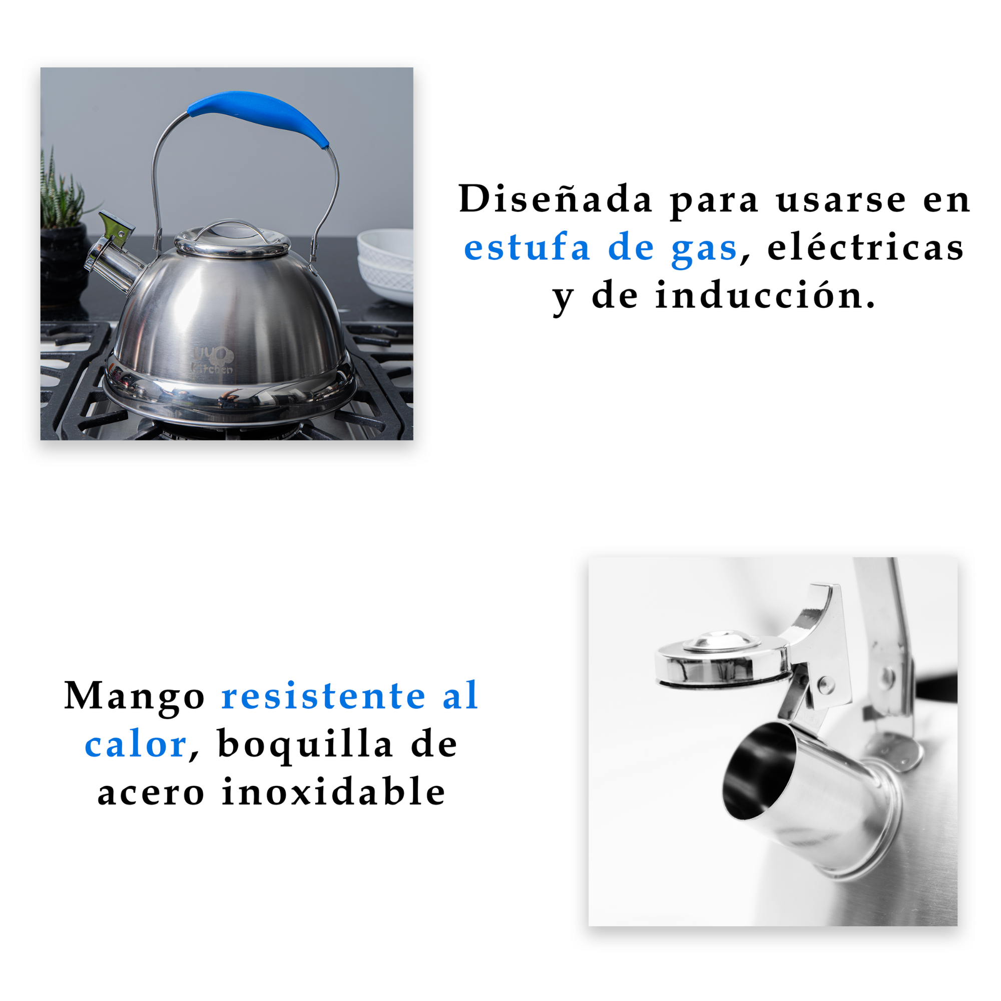 Tetera de Acero Inoxidable 3L con Mango de Silicón Anticalor Apta para Gas, Eléctrica e Inducción UYO-TET-CS - Azul