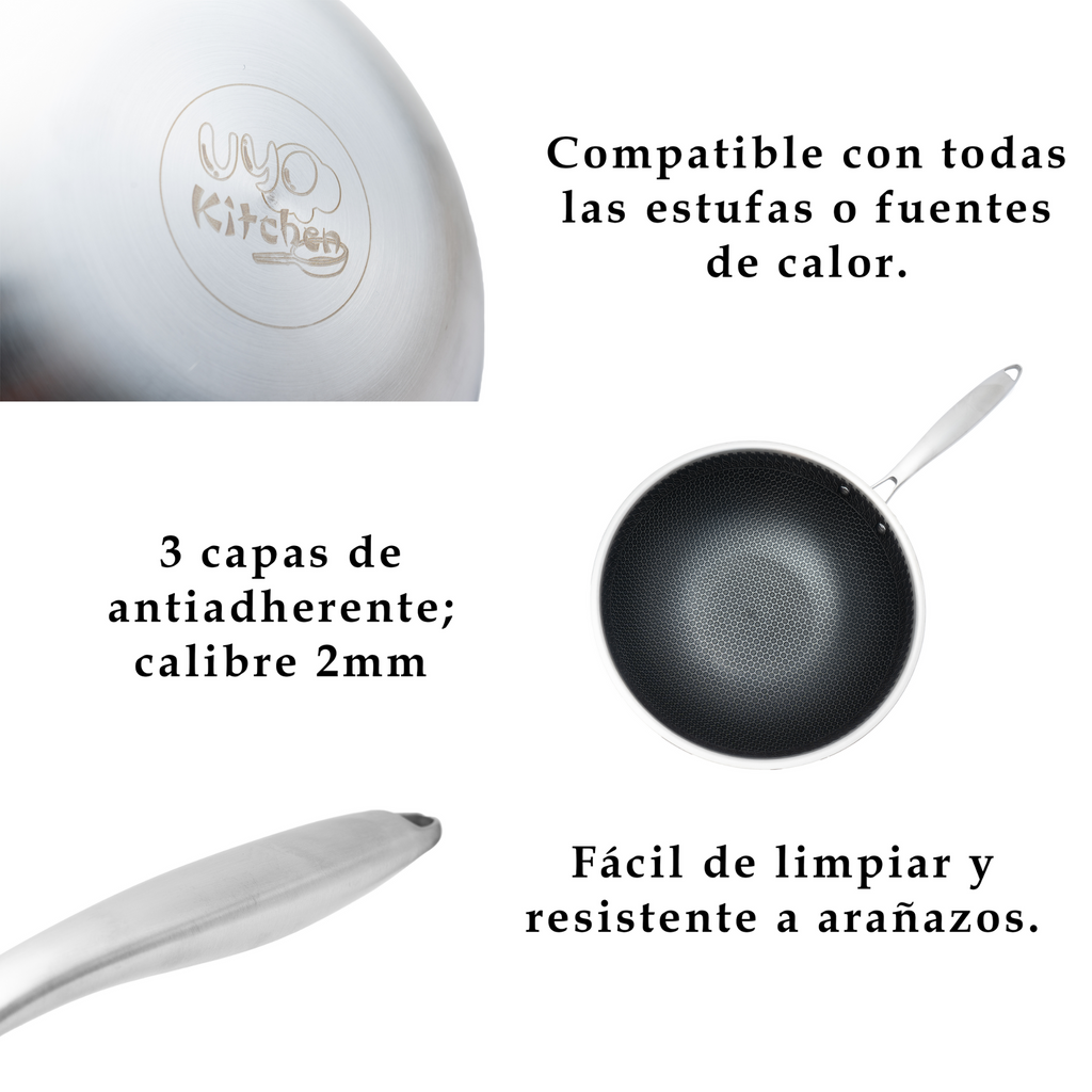 Wok 32 cm de Acero Inoxidable con Tapa y Triple Antiadherente UYO-WOK