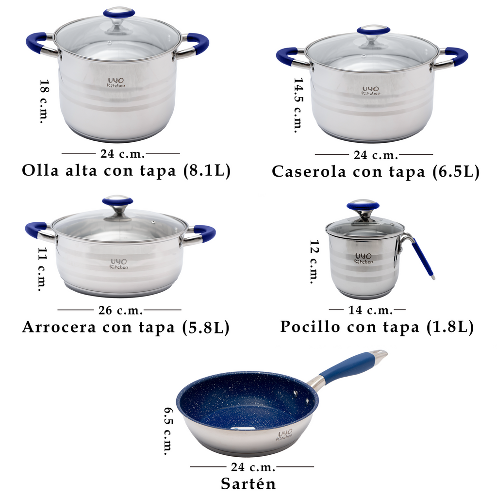 Batería de Cocina 9 Piezas de Acero Inoxidable con Tapas de Vidrio Templado UYO-9 - Azul
