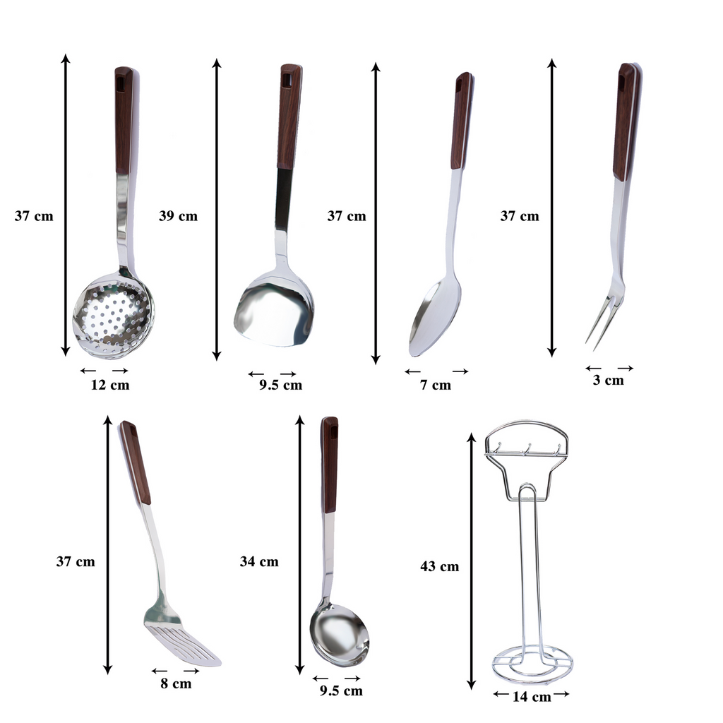 Juego de 7 Utensilios de Acero Inoxidable con Mango de Plástico y Soporte UYO-714