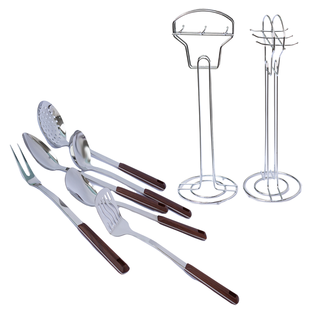 Juego de 7 Utensilios de Acero Inoxidable con Mango de Plástico y Soporte UYO-714