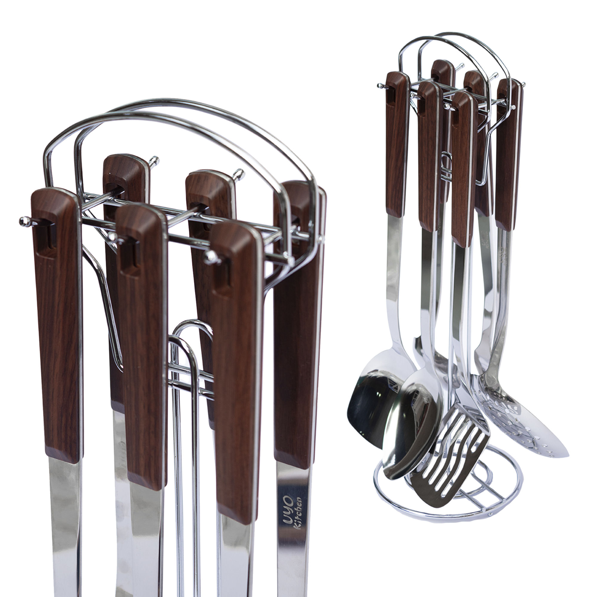 Juego de 7 Utensilios de Acero Inoxidable con Mango de Plástico y Soporte UYO-714