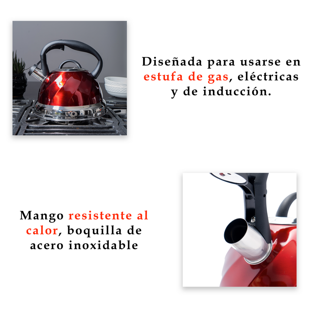 Tetera de Acero Inoxidable Texturizada 3L con Mango Anticalor y Apertura Segura UYO-TET-W - Red