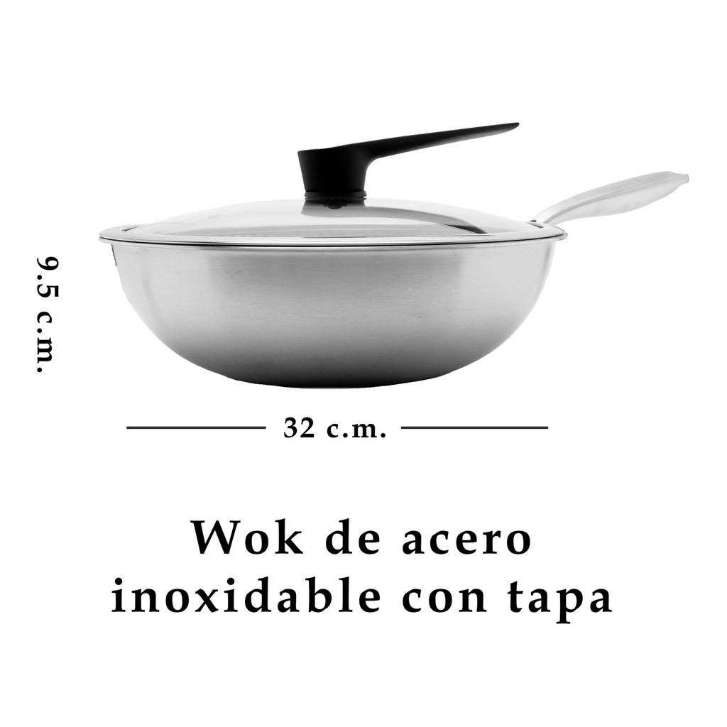 Wok 32 cm de Acero Inoxidable con Tapa y Triple Antiadherente UYO-WOK