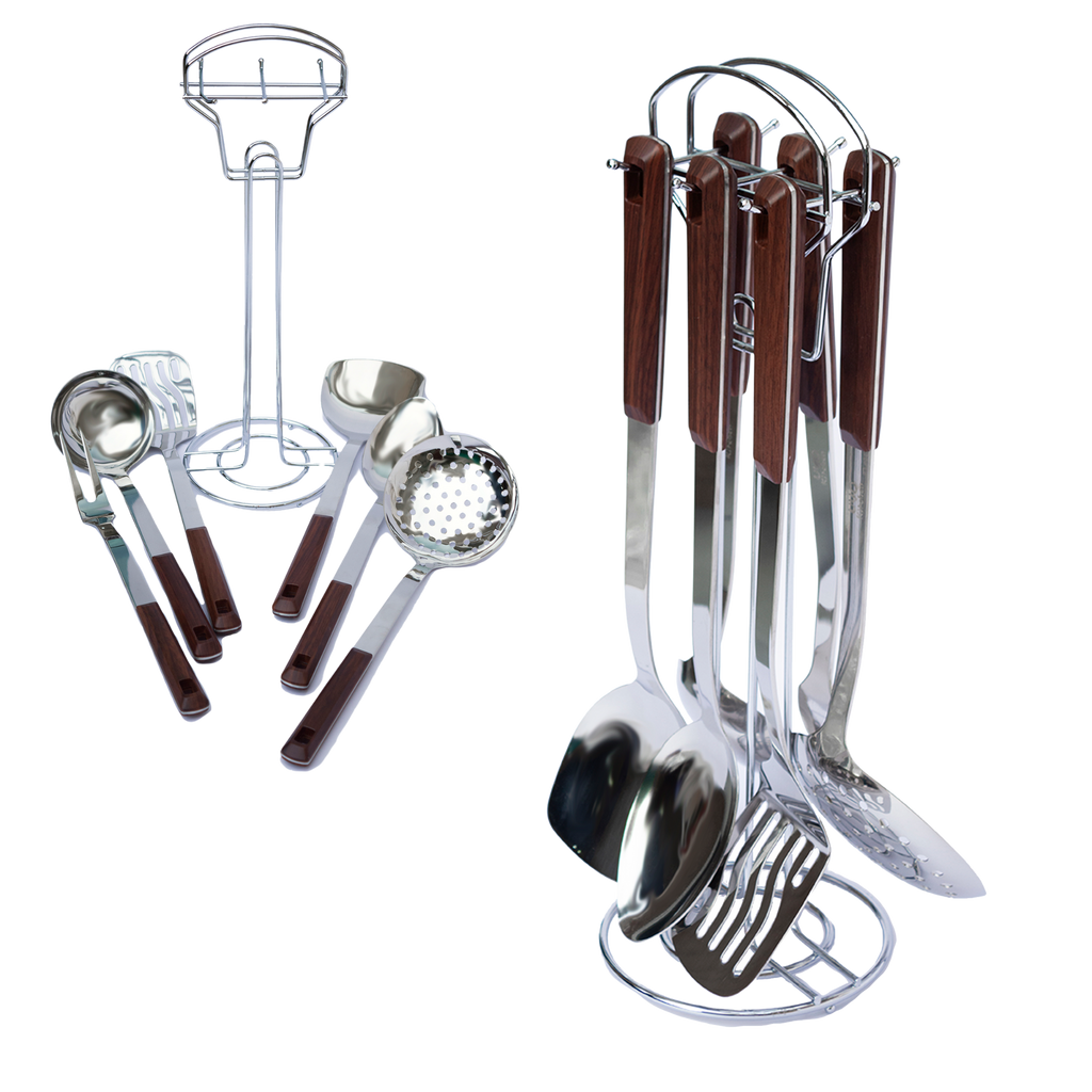 Juego de 7 Utensilios de Acero Inoxidable con Mango de Plástico y Soporte UYO-714